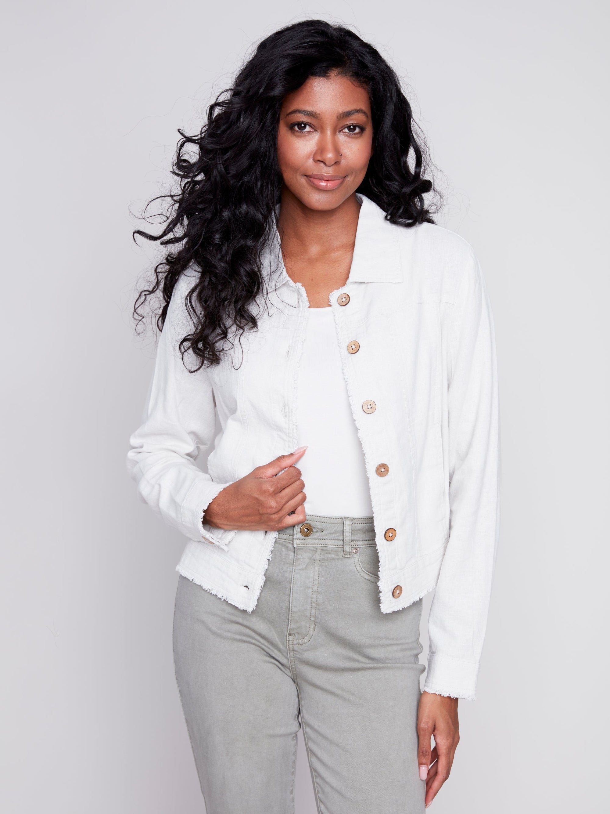 FRAYED EDGE LINEN JACKET-Jackets & Sweaters-CHARLIE B-XSMALL-WHITE-Coriander