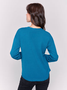 FRAYED EDGE ROUND HEM SWEATER-Jackets & Sweaters-CHARLIE B-Coriander