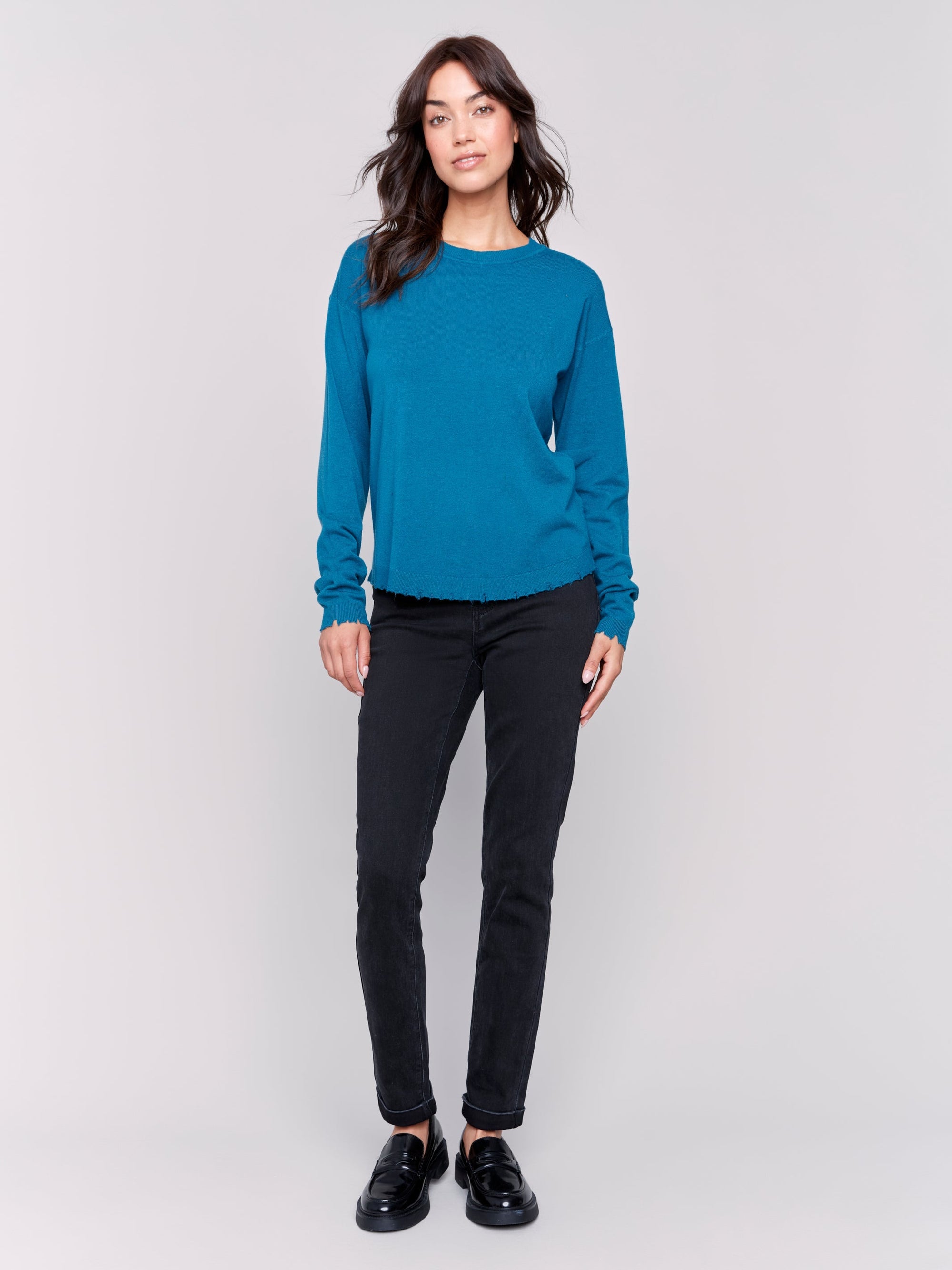 FRAYED EDGE ROUND HEM SWEATER-Jackets & Sweaters-CHARLIE B-Coriander