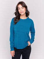 FRAYED EDGE ROUND HEM SWEATER-Jackets & Sweaters-CHARLIE B-XSMALL-PEACOCK-Coriander