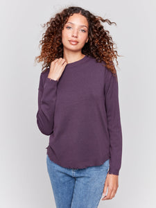 FRAYED EDGE ROUND HEM SWEATER-Jackets & Sweaters-CHARLIE B-XSMALL-PLUM-Coriander