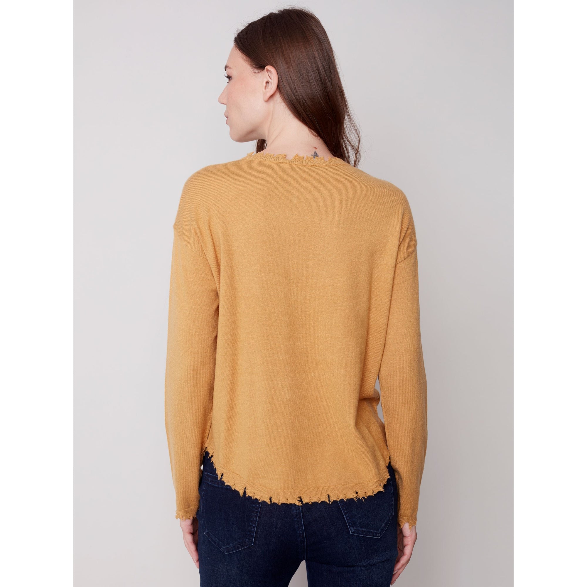 FRAYED EDGE SWEATER - GOLD-Jackets & Sweaters-CHARLIE B-SMALL-GOLD-Coriander