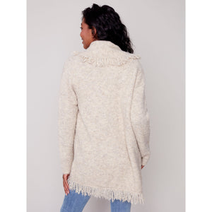 FRINGE SHAWL NECK BOUCLÉ CARDI-Jackets & Sweaters-CHARLIE B-Coriander