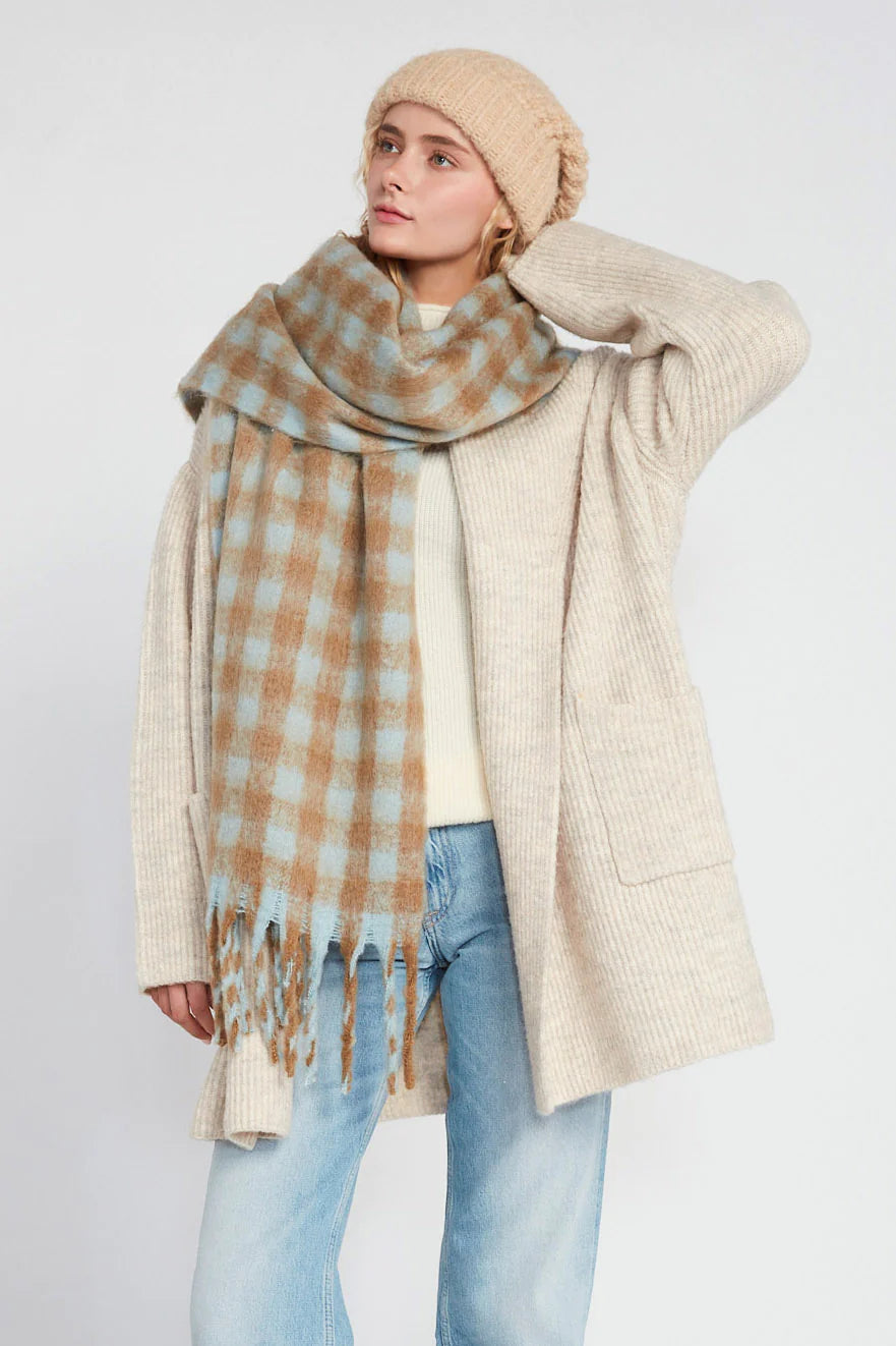 FUZZY GINGHAM GRUNGE SCARF-Scarves & Wraps-LOOK BY M-BLUE-Coriander