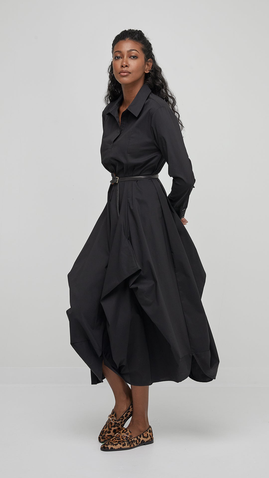 GATHERED SKIRT SHIRT DRESS-Dress-UCHUU-ONE-BLACK-Coriander