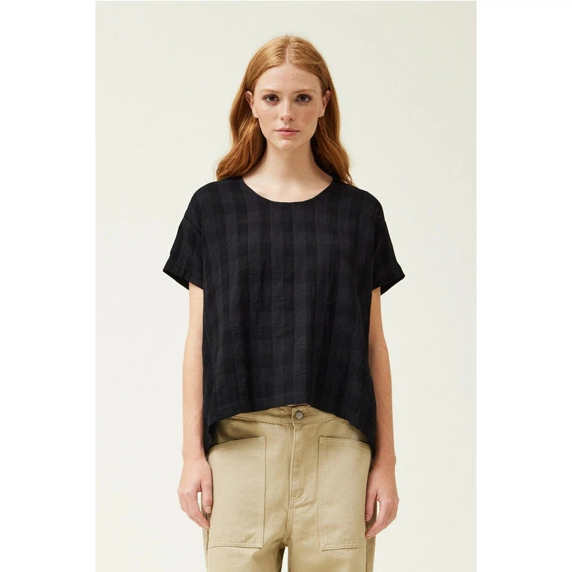GINGHAM GAUZE BOXY BLOUSE-Tops-GRADE AND GATHER-SMALL-Black-Coriander