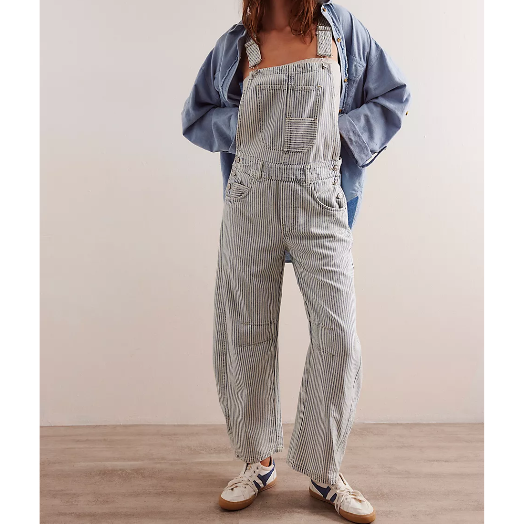 GOOD LUCK STRIPE OVERALLS-Denim-FREE PEOPLE-SMALL-INDIGO RAILROAD-Coriander