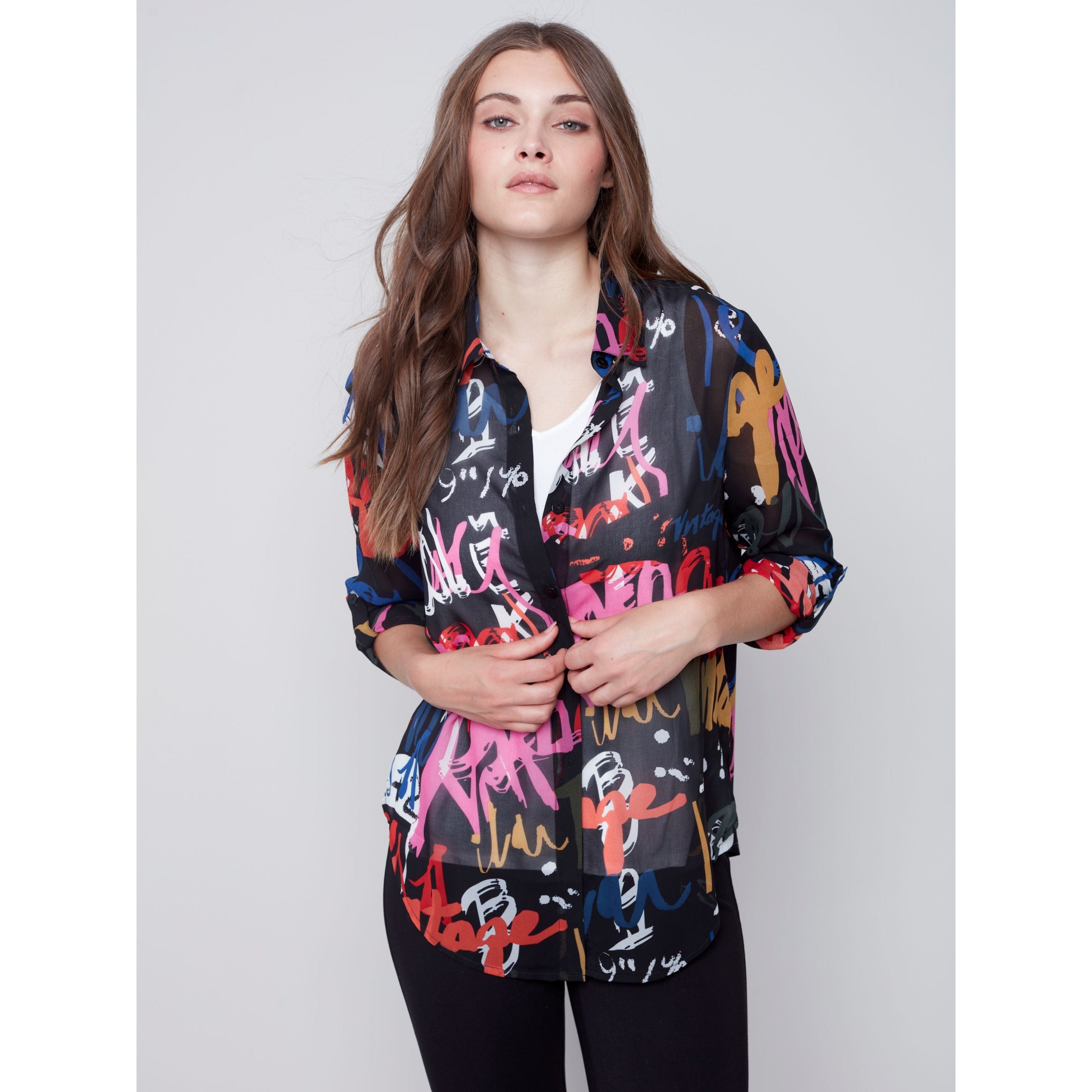 GRAFFITI PRINT CHIFFON BLOUSE-Shirt-CHARLIE B-Coriander