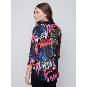 GRAFFITI PRINT CHIFFON BLOUSE-Shirt-CHARLIE B-Coriander