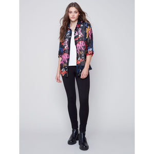 GRAFFITI PRINT CHIFFON BLOUSE-Shirt-CHARLIE B-Coriander