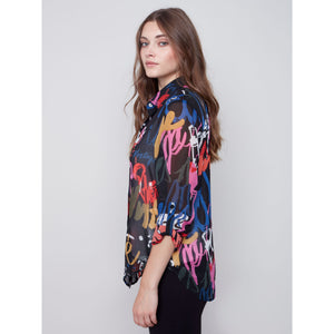 GRAFFITI PRINT CHIFFON BLOUSE-Shirt-CHARLIE B-Coriander