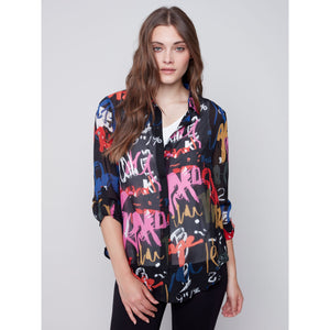 GRAFFITI PRINT CHIFFON BLOUSE-Shirt-CHARLIE B-Coriander