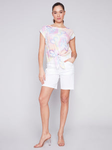 GRAFFITI PRINT FRONT TIE KNOT BLOUSE-Tops-CHARLIE B-Coriander