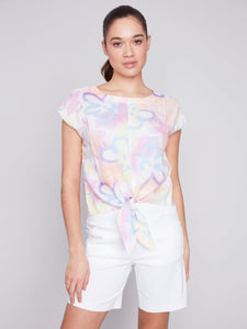 GRAFFITI PRINT FRONT TIE KNOT BLOUSE-Tops-CHARLIE B-SMALL-GRAFFITI-Coriander