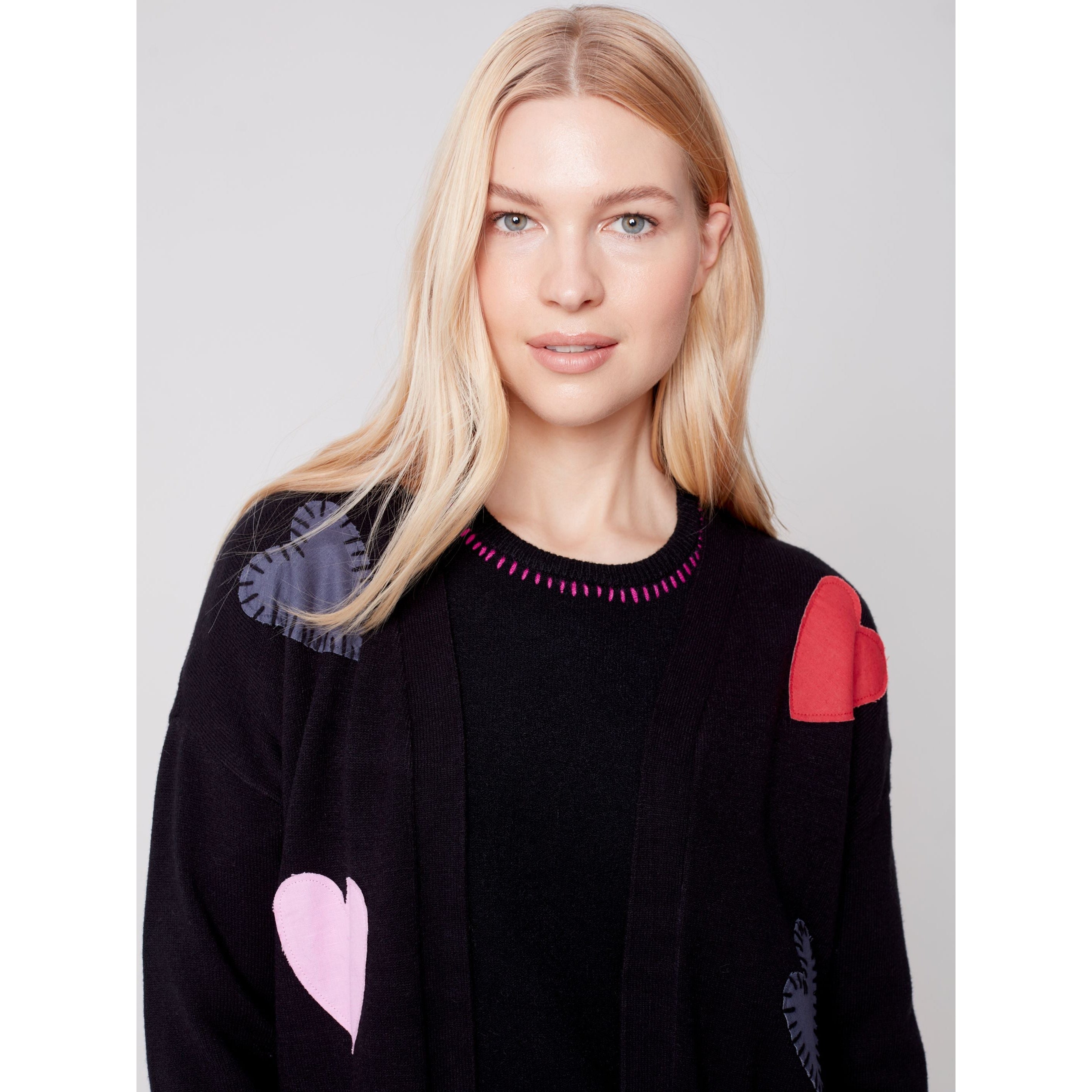 HEART APPLIQUÉ LONG CARDIGAN-Jackets & Sweaters-CHARLIE B-Coriander