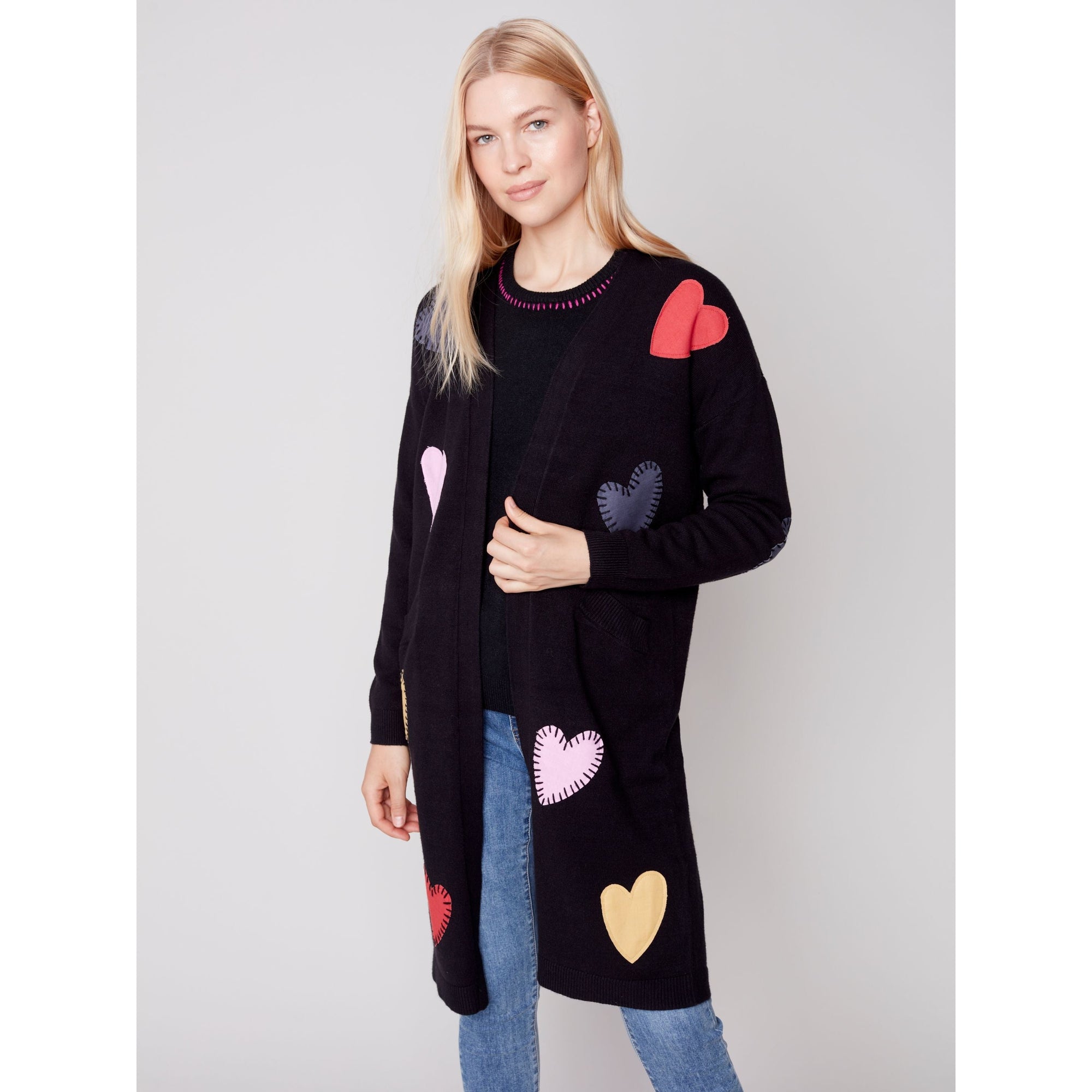HEART APPLIQUÉ LONG CARDIGAN-Jackets & Sweaters-CHARLIE B-SMALL-Black-Coriander