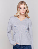 HEART STITCH V-NECK SWEATER-Jackets & Sweaters-CHARLIE B-SMALL-GREY-Coriander