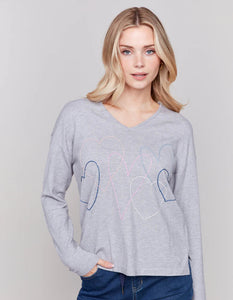 HEART STITCH V-NECK SWEATER-Jackets & Sweaters-CHARLIE B-SMALL-GREY-Coriander