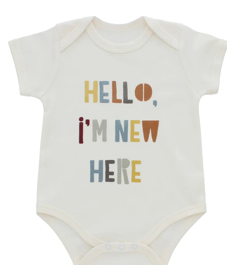 HELLO, I'M NEW HERE ONESIE-Baby-EMERSON AND FRIENDS-3-6 MONTHS-Coriander