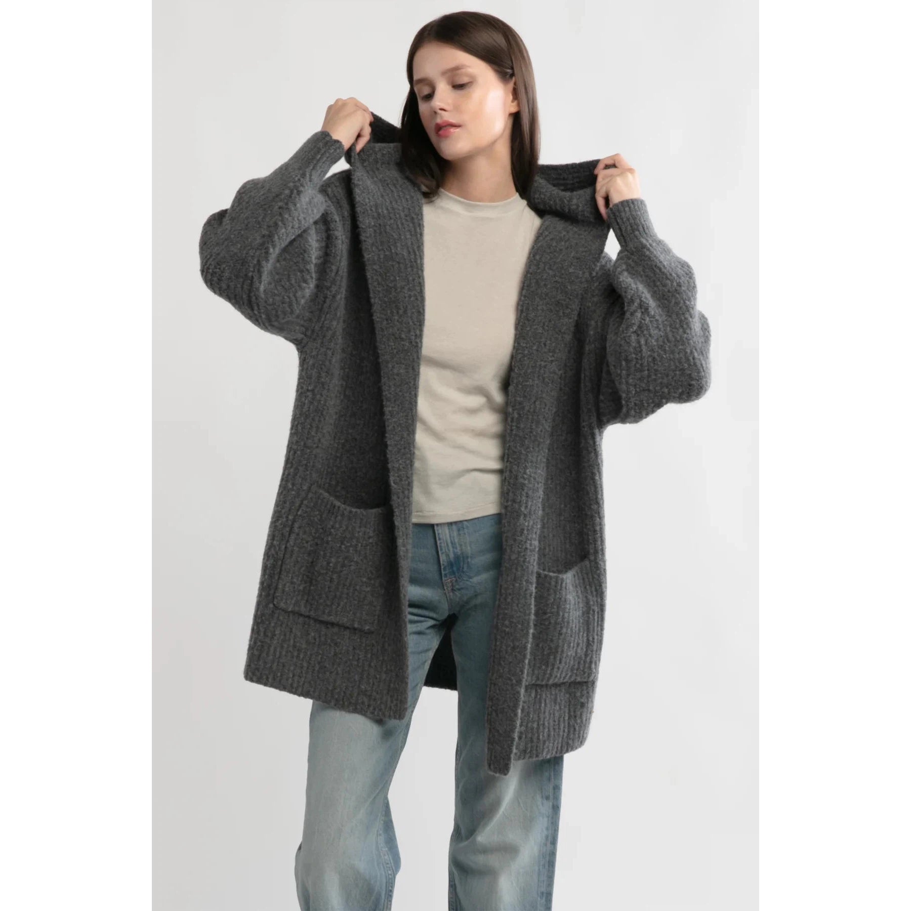 HOODED CARDIGAN | LAZY DAY-Jackets & Sweaters-LOOK BY M-CHARCOAL-Coriander