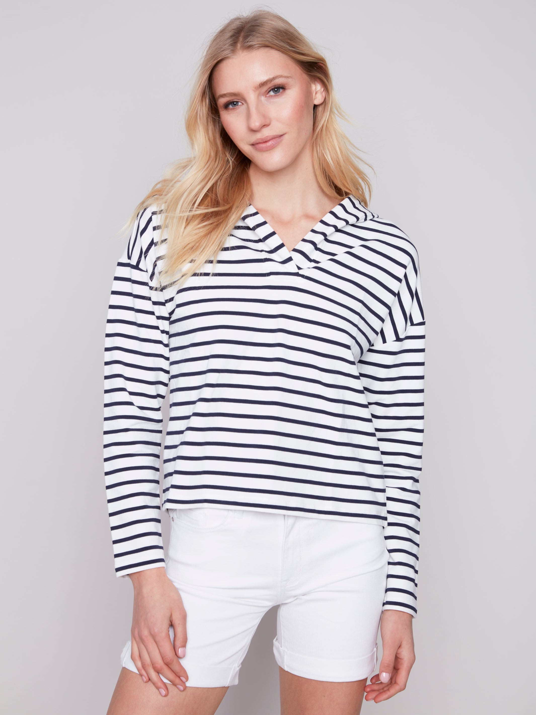 HOODED V-NECK STRIPED LONG SLEEVE-Tops-CHARLIE B-Coriander