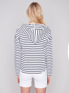 HOODED V-NECK STRIPED LONG SLEEVE-Tops-CHARLIE B-Coriander