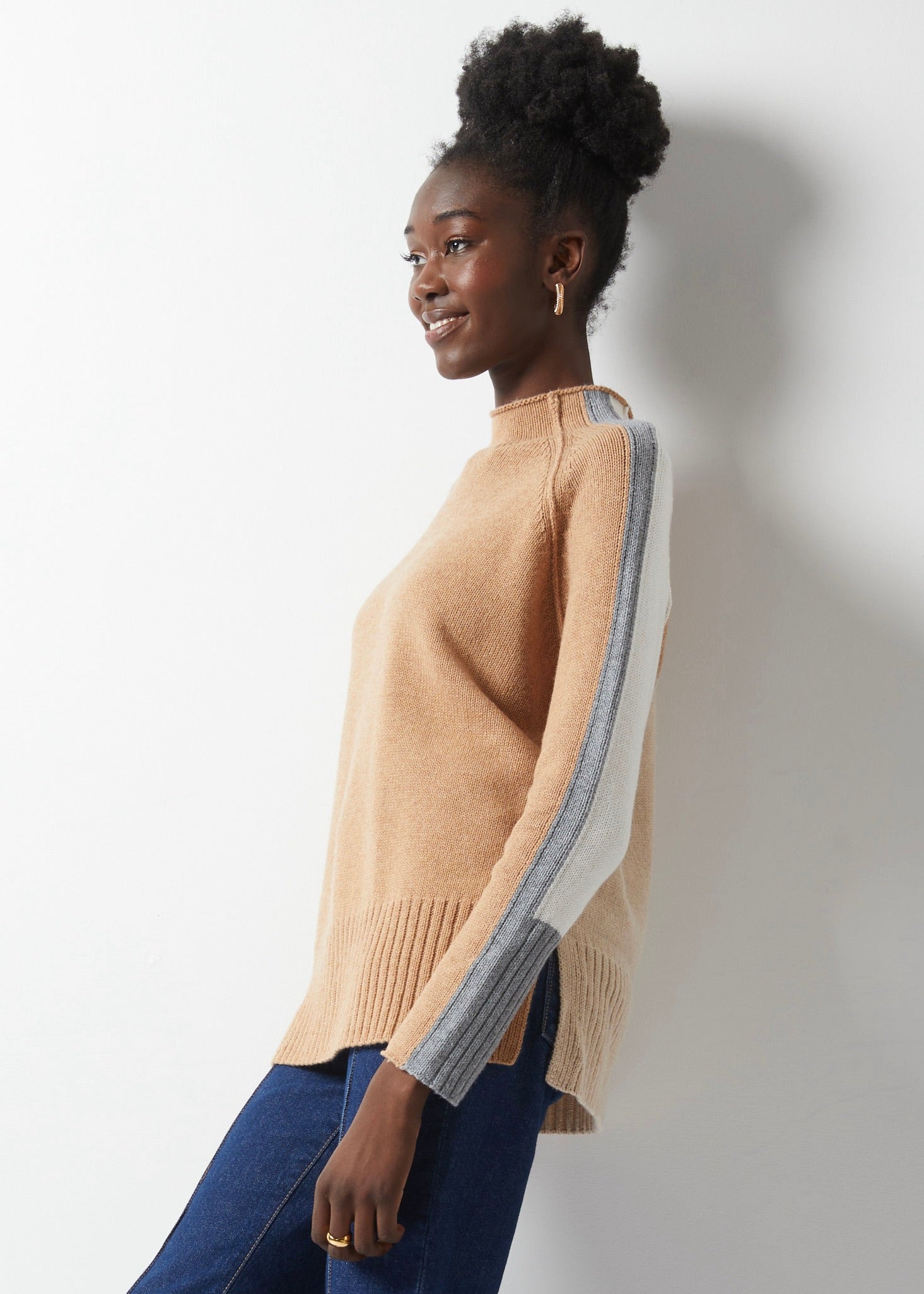 INTARSIA FUNNEL NECK TOP-Jackets & Sweaters-ZAKET & PLOVER-XSMALL-CAMEL-Coriander