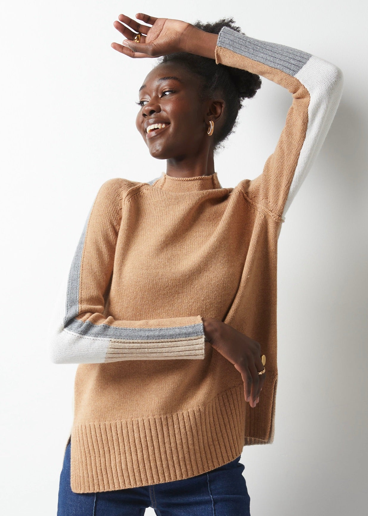 INTARSIA FUNNEL NECK TOP-Jackets & Sweaters-ZAKET & PLOVER-XSMALL-CAMEL-Coriander