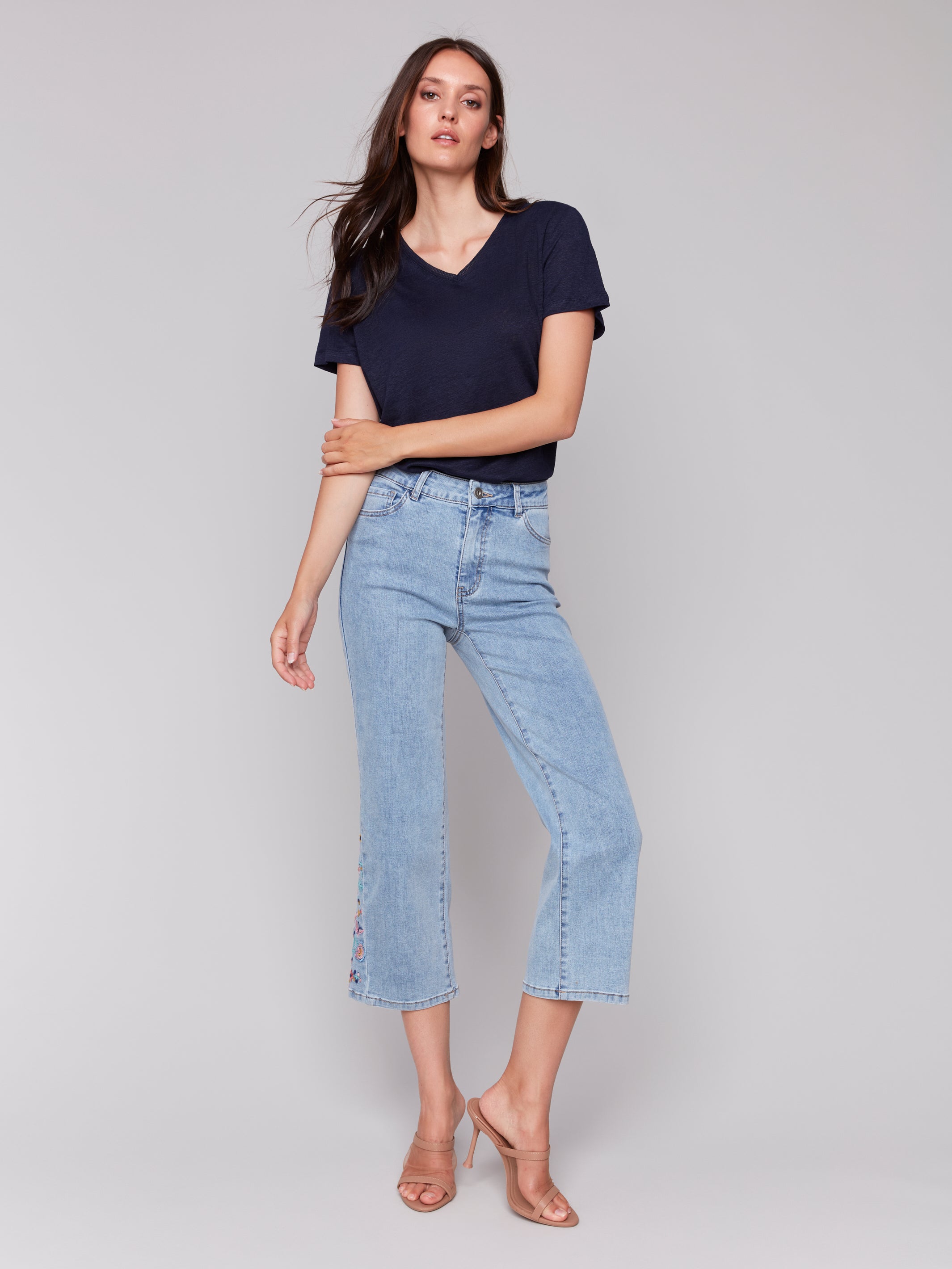 JEANS | CROPPED FLARE W/SIDE CUT FLORAL EMBROIDERY-Denim-CHARLIE B-Coriander
