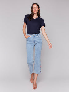 JEANS | CROPPED FLARE W/SIDE CUT FLORAL EMBROIDERY-Denim-CHARLIE B-Coriander