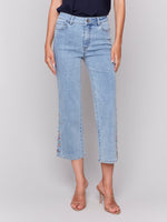 JEANS | CROPPED FLARE W/SIDE CUT FLORAL EMBROIDERY-Denim-CHARLIE B-4-LIGHT BLUE-Coriander