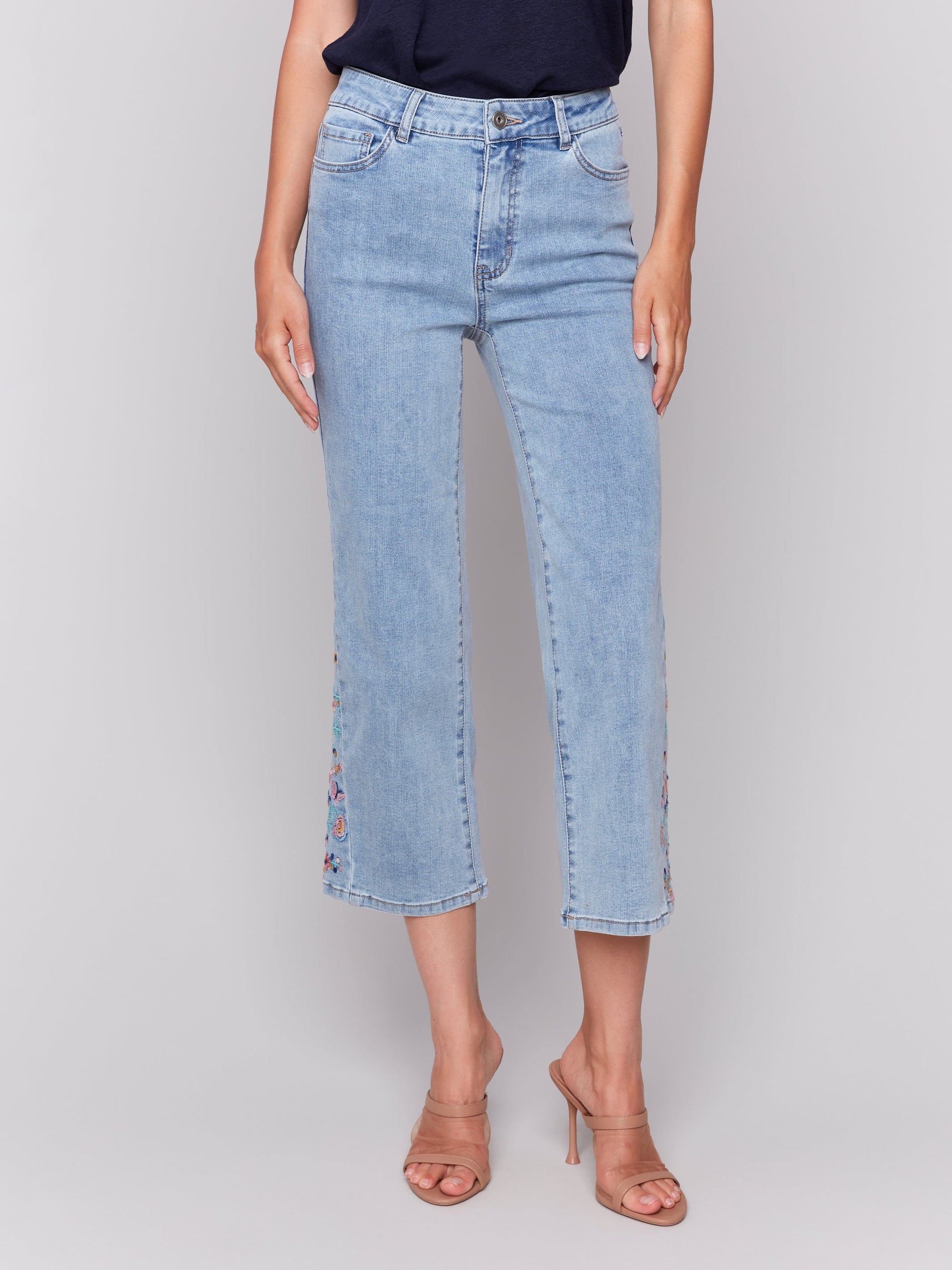 JEANS | CROPPED FLARE W/SIDE CUT FLORAL EMBROIDERY-Denim-CHARLIE B-4-LIGHT BLUE-Coriander