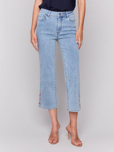 JEANS | CROPPED FLARE W/SIDE CUT FLORAL EMBROIDERY-Denim-CHARLIE B-4-LIGHT BLUE-Coriander