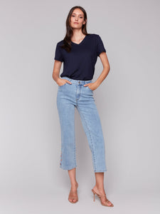 JEANS | CROPPED FLARE W/SIDE CUT FLORAL EMBROIDERY-Denim-CHARLIE B-Coriander