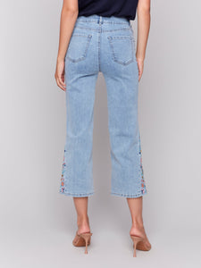 JEANS | CROPPED FLARE W/SIDE CUT FLORAL EMBROIDERY-Denim-CHARLIE B-Coriander