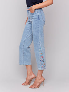 JEANS | CROPPED FLARE W/SIDE CUT FLORAL EMBROIDERY-Denim-CHARLIE B-Coriander