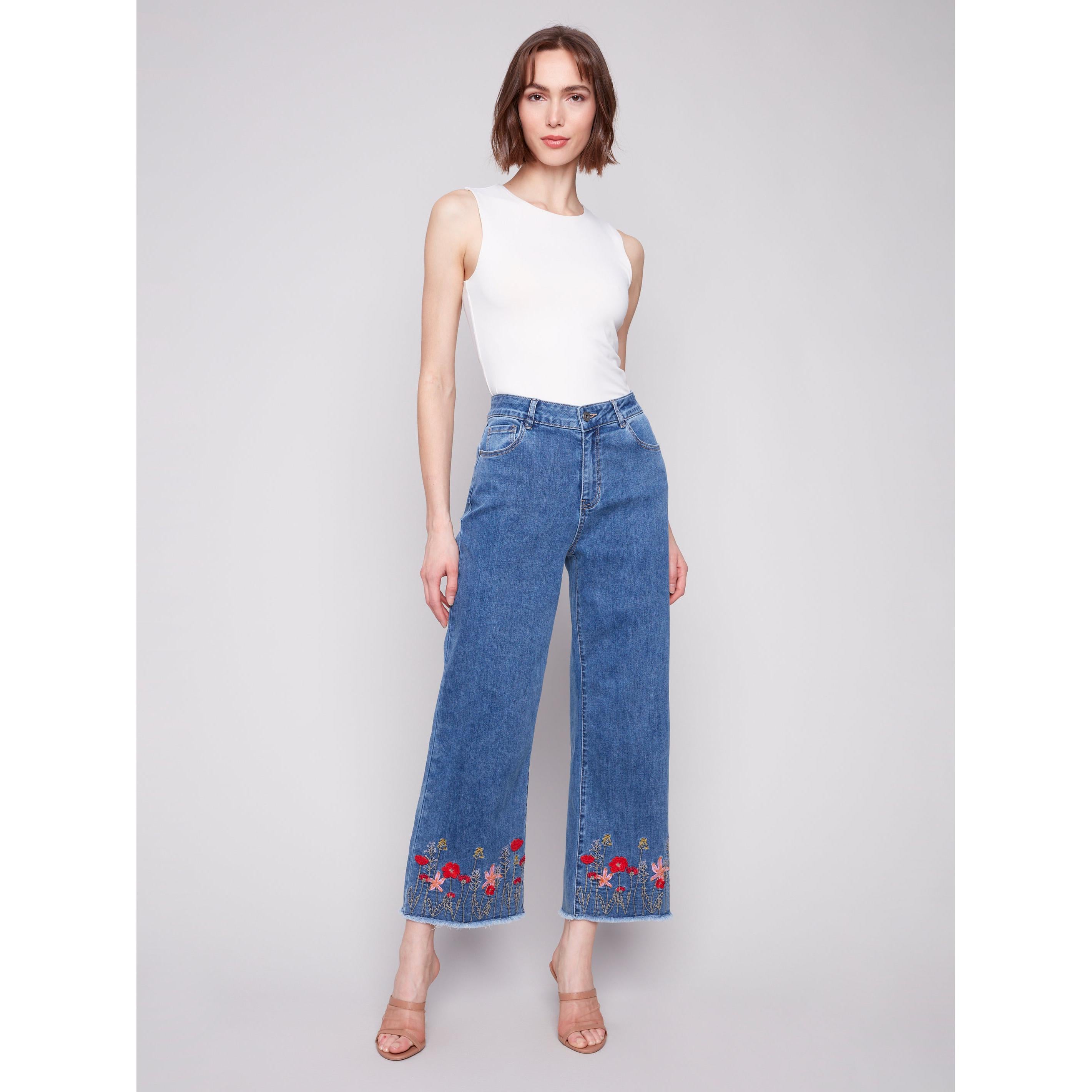 JEANS | WIDE LEG EMBROIDERED FLOWERS-Denim-CHARLIE B-Coriander