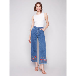 JEANS | WIDE LEG EMBROIDERED FLOWERS-Denim-CHARLIE B-Coriander