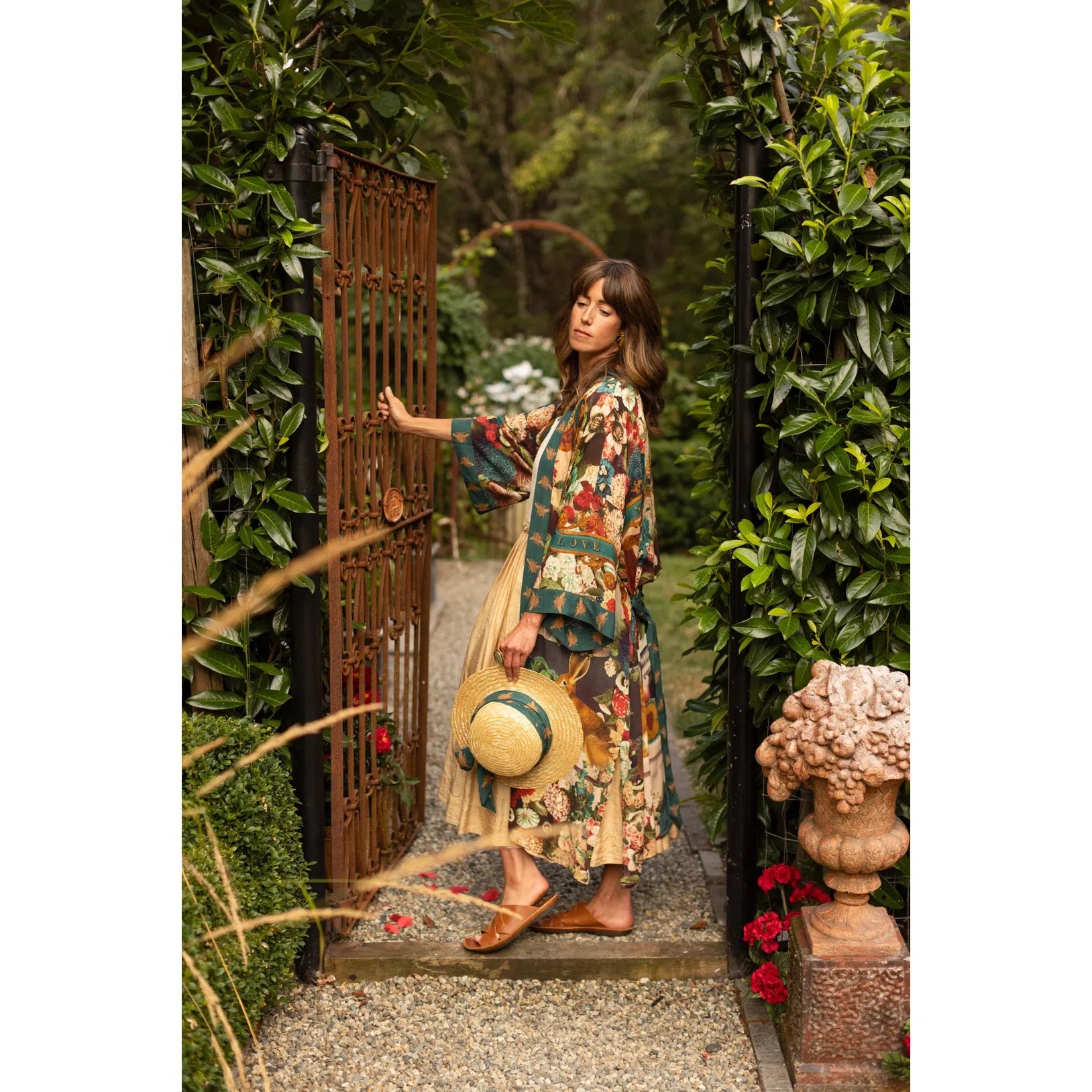 KIMONO ROBE DUSTER | STAY GOLD FLORA W/ RABBIT & BEES-Scarves & Wraps-MARKET OF STARS-Coriander