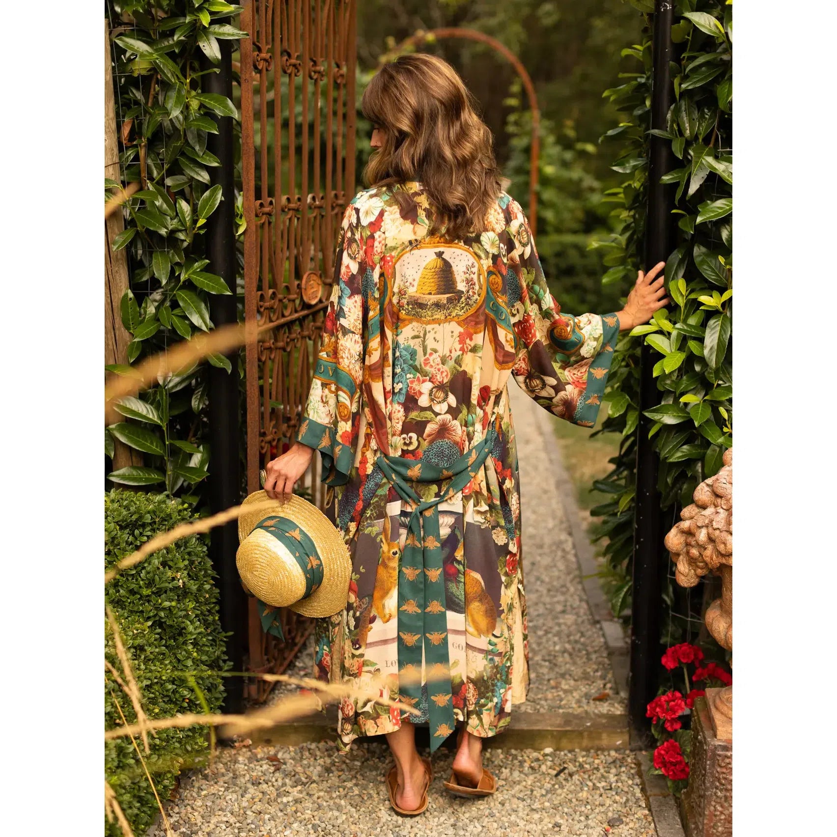 KIMONO ROBE DUSTER | STAY GOLD FLORA W/ RABBIT & BEES-Scarves & Wraps-MARKET OF STARS-Coriander