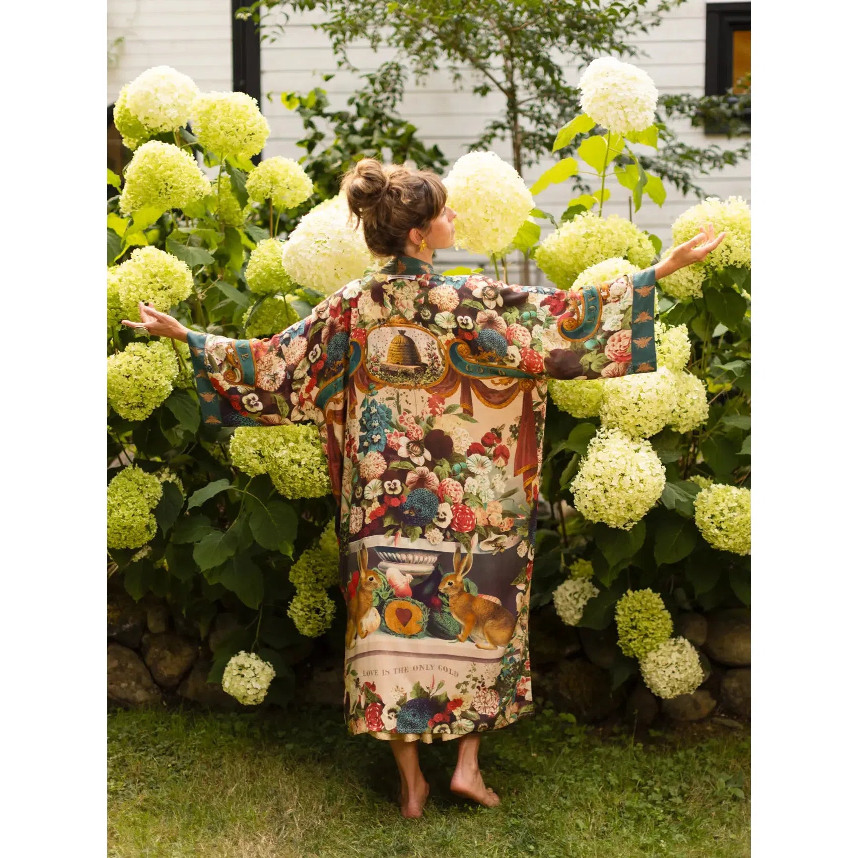 KIMONO ROBE DUSTER | STAY GOLD FLORA with RABBIT & BEES-Scarves & Wraps-MARKET OF STARS-Coriander