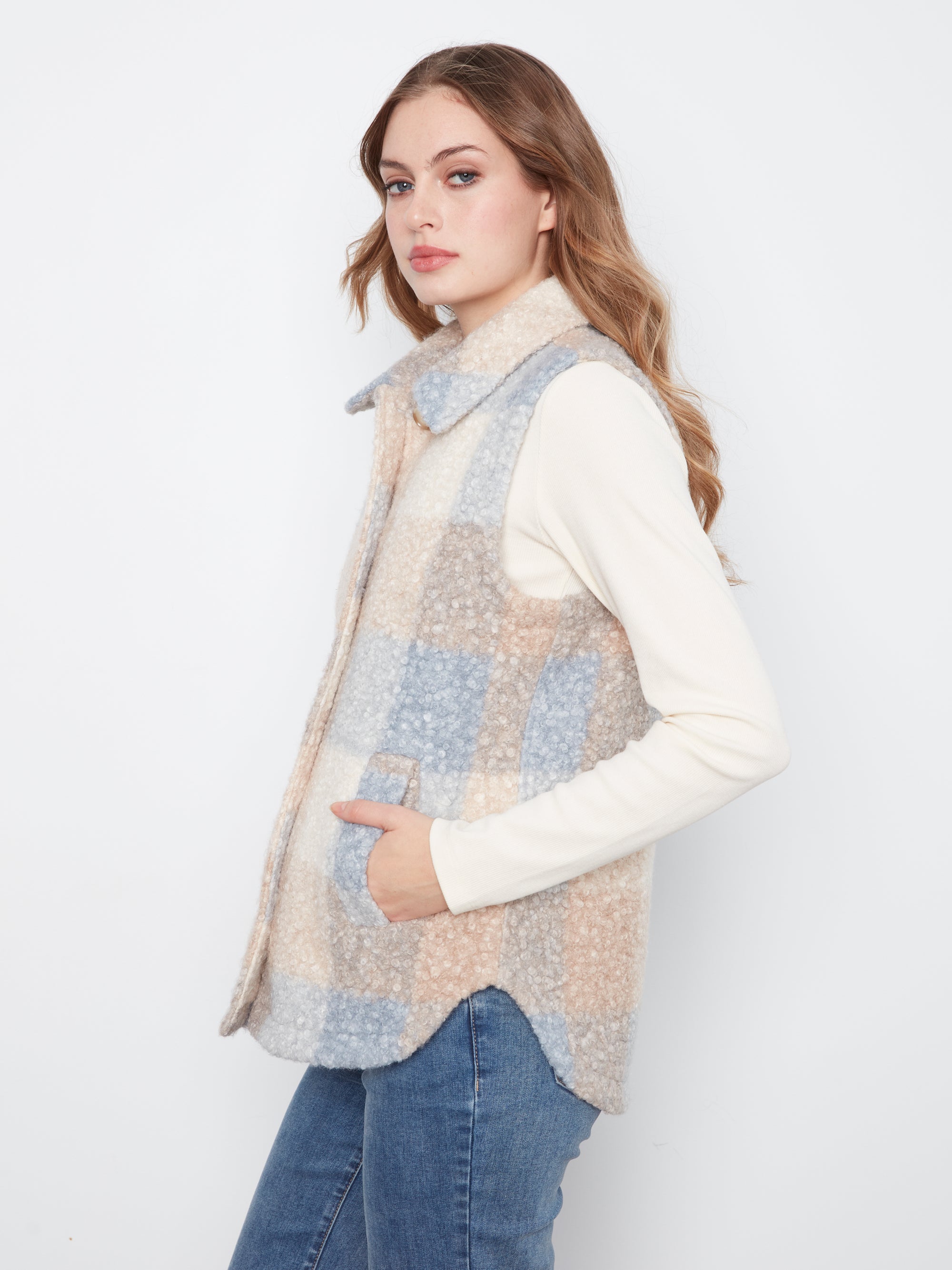 KNIT BOUCLE VEST | PLAID-Jackets & Sweaters-CHARLIE B-Coriander
