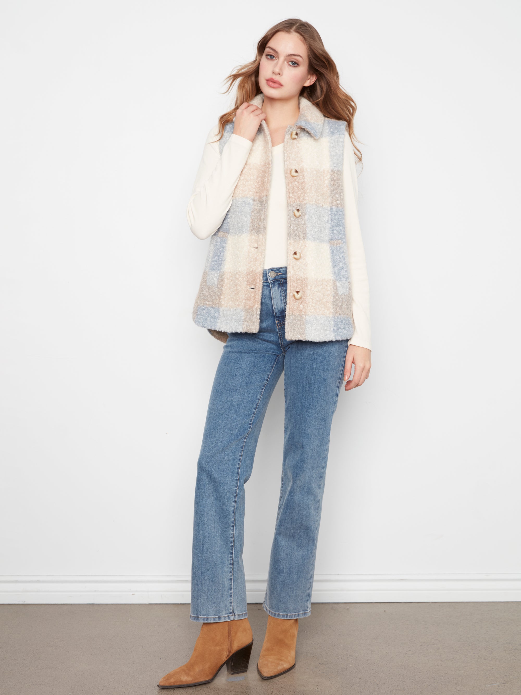 KNIT BOUCLE VEST | PLAID-Jackets & Sweaters-CHARLIE B-Coriander
