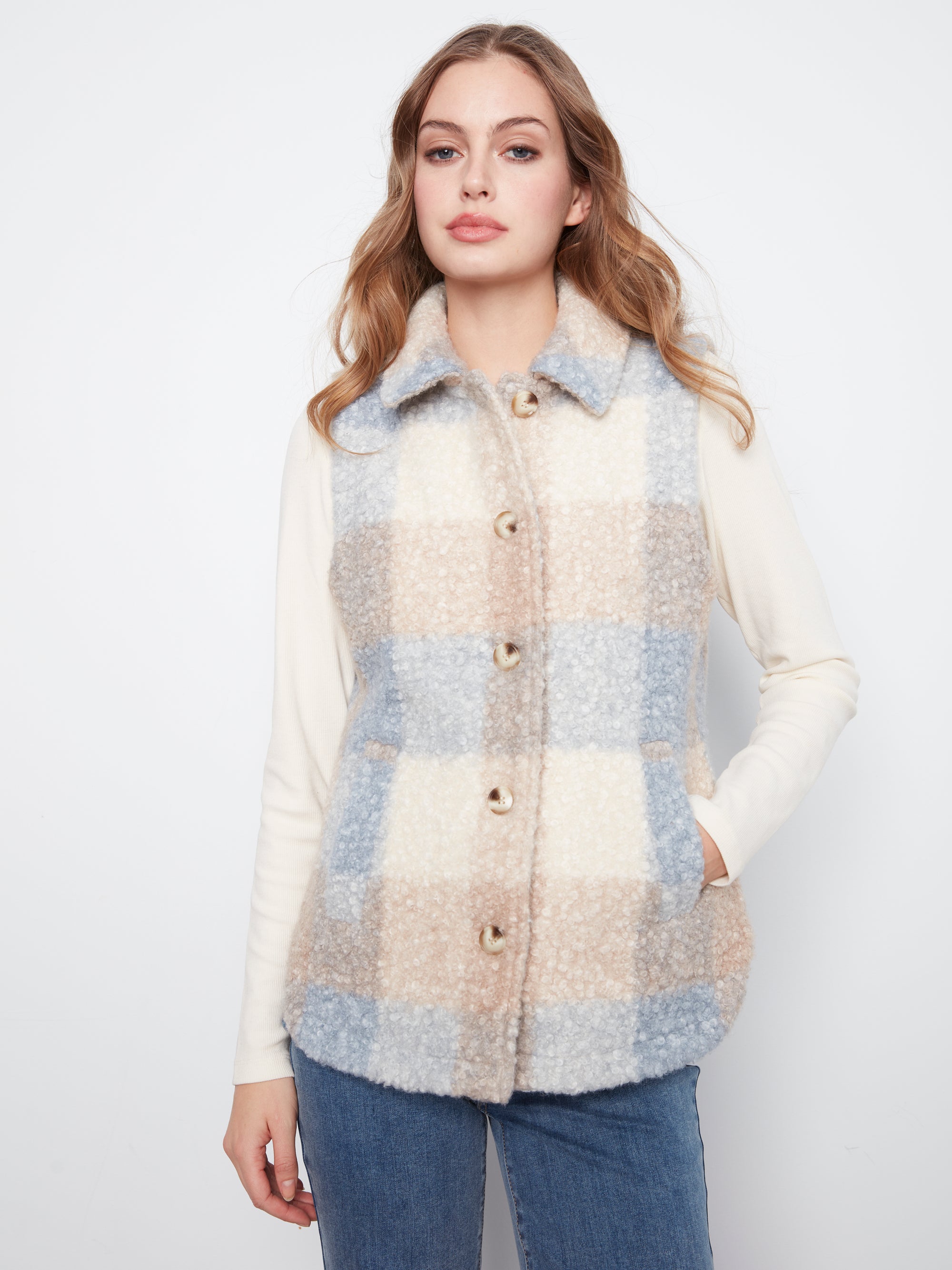 KNIT BOUCLE VEST | PLAID-Jackets & Sweaters-CHARLIE B-SMALL-CELESTIAL-Coriander
