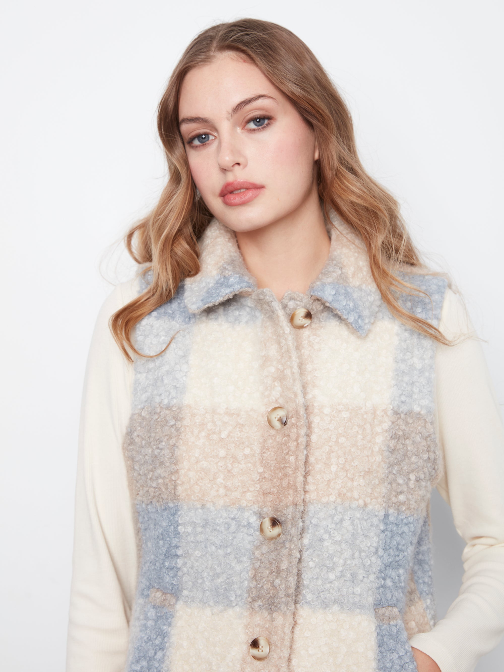 KNIT BOUCLE VEST | PLAID-Jackets & Sweaters-CHARLIE B-Coriander