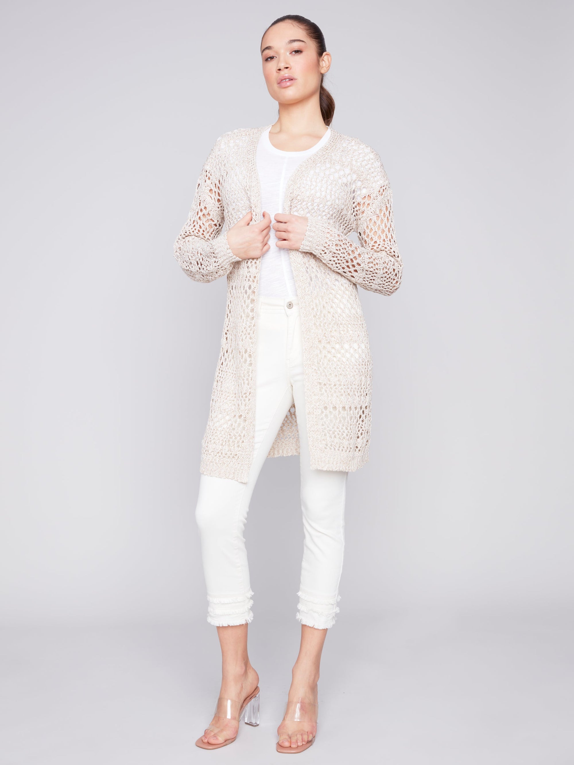 KNIT CROCHET LONG CARDI-Jackets & Sweaters-CHARLIE B-Coriander