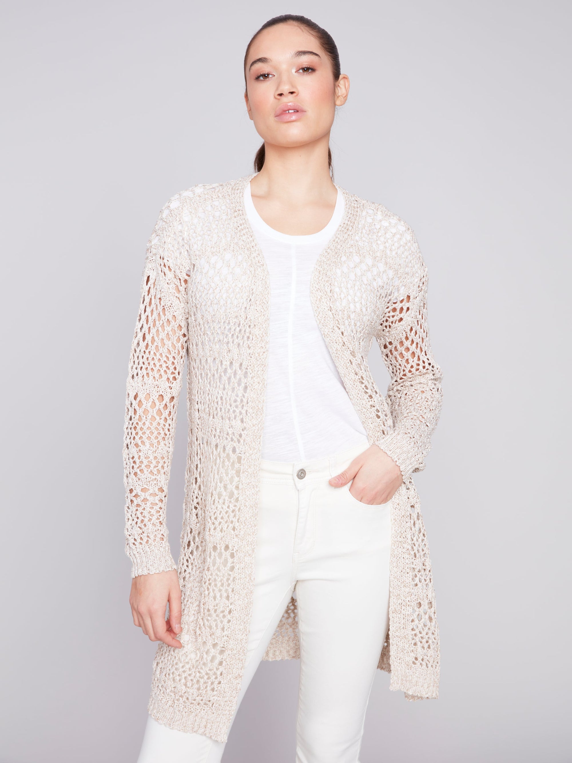 KNIT CROCHET LONG CARDI-Jackets & Sweaters-CHARLIE B-XSMALL-Beige-Coriander