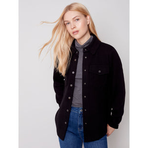 KNIT SHIRT JACKET WITH FRONT PATCH POCKETS - BLACK-Jackets & Sweaters-CHARLIE B-Coriander