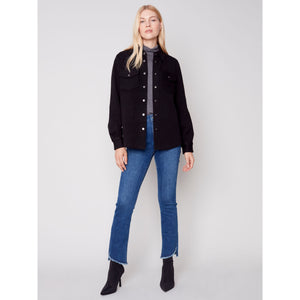 KNIT SHIRT JACKET WITH FRONT PATCH POCKETS - BLACK-Jackets & Sweaters-CHARLIE B-Coriander