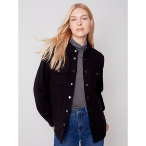 KNIT SHIRT JACKET WITH FRONT PATCH POCKETS - BLACK-Jackets & Sweaters-CHARLIE B-XSMALL-Black-Coriander